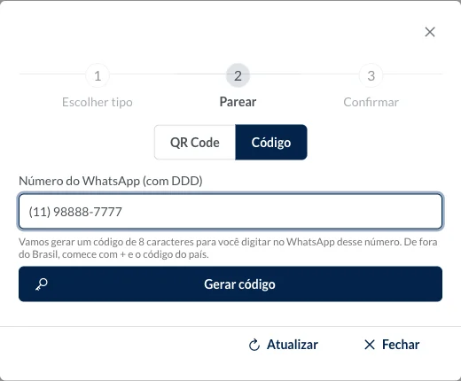 Parear step with the Código option selected and the Número do WhatsApp (com DDD) field filled in with an example number.