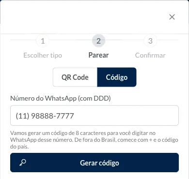 Parear step on a phone screen, already open with the Código option selected.