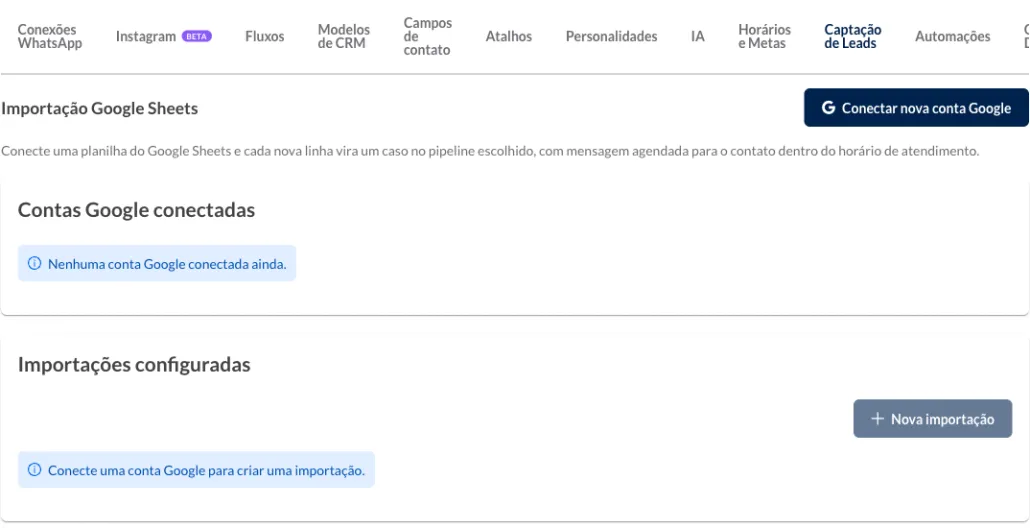 Captação de Leads tab of Config. CRM, with the Importação Google Sheets section, the Conectar nova conta Google button and the Contas Google conectadas and Importações configuradas blocks, still empty.