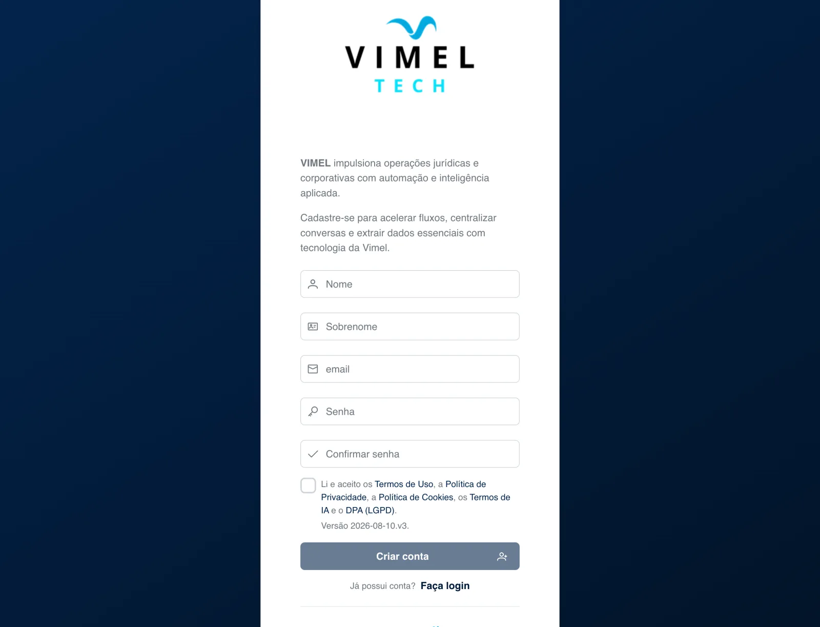 Vimel sign-up screen, with fields for first name, last name, e-mail, password and password confirmation, and the terms acceptance.
