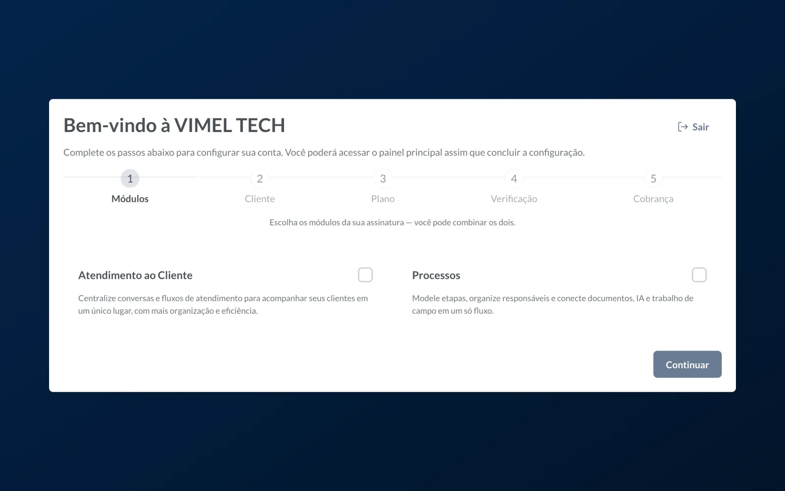 Modules step, with the Customer Service and Processes options, each with its description and a checkbox.