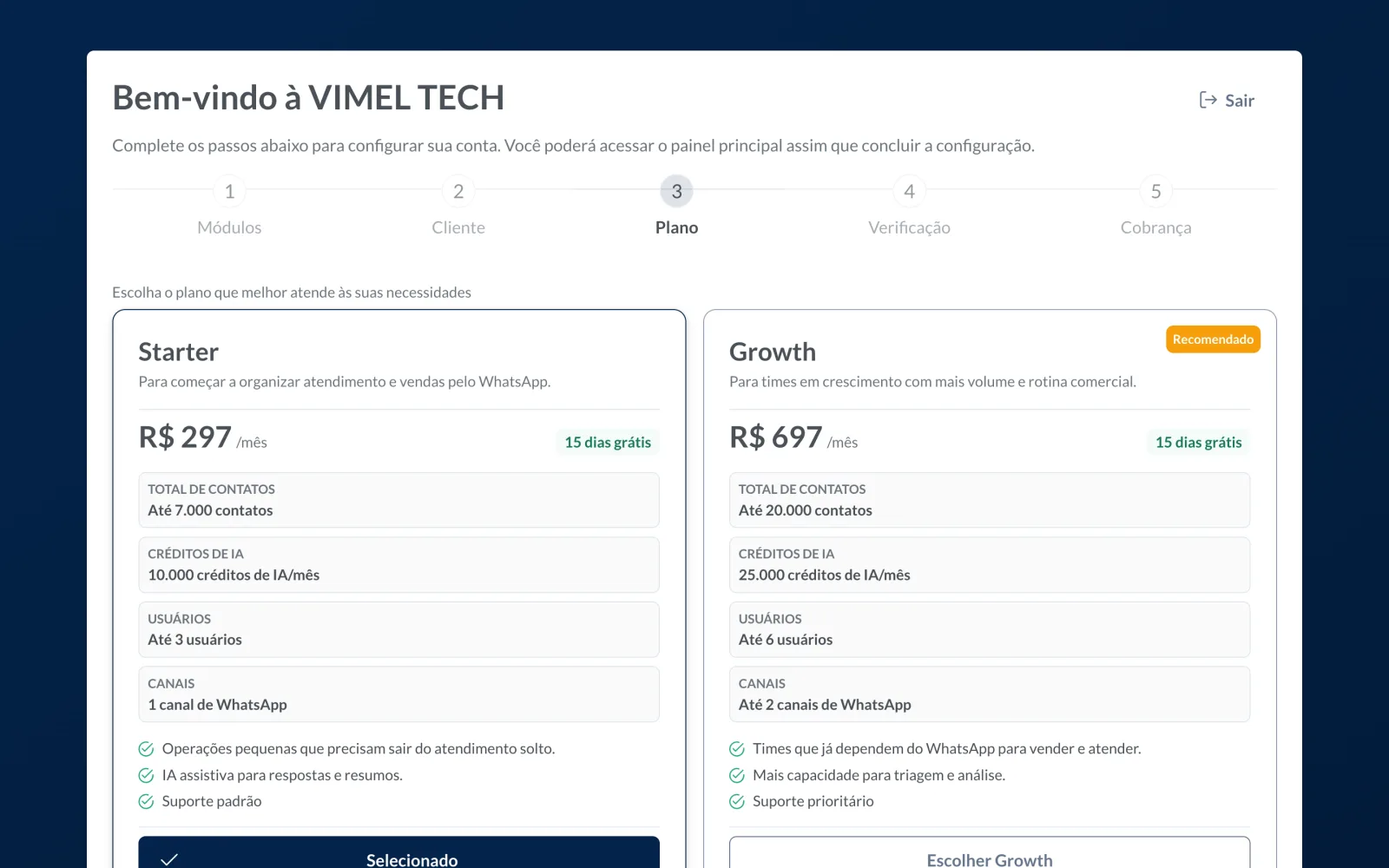 Plan step, with the plans side by side showing price, trial period and the limits on contacts, AI credits, users and WhatsApp channels.