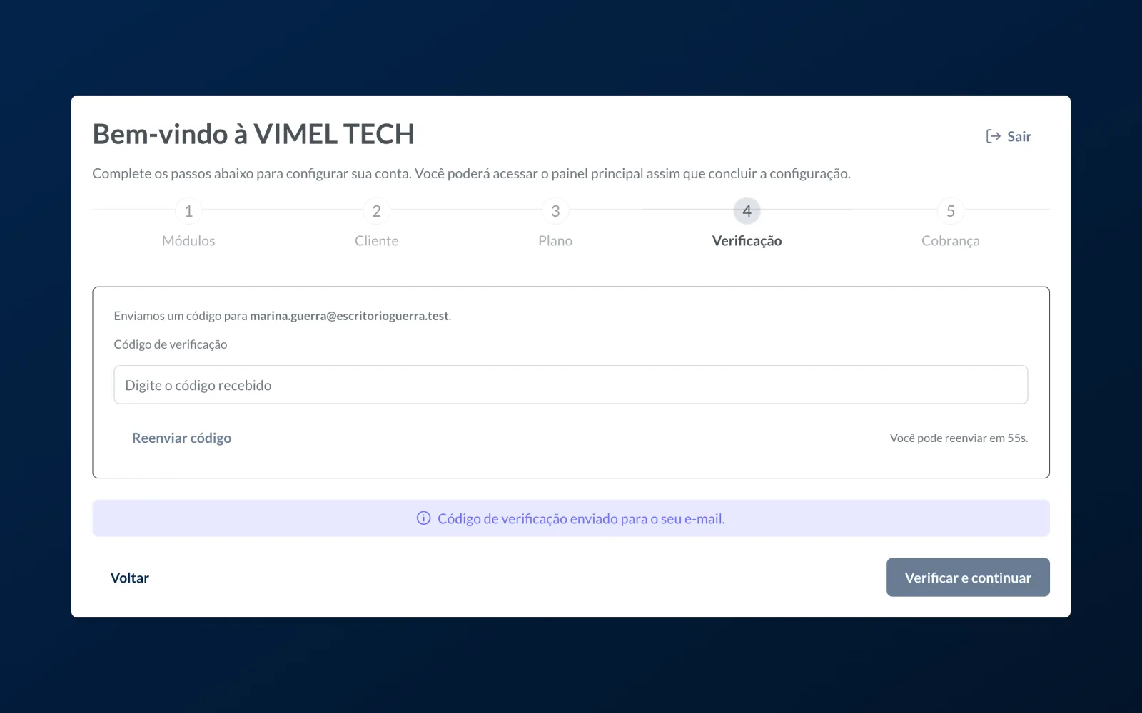 Verification step, with the field for the code sent by e-mail and the resend button with a countdown.