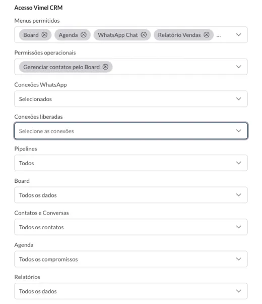 Acesso Vimel CRM section of the dialog, with Menus permitidos, Permissões operacionais, Conexões WhatsApp set to Selecionados and the Conexões liberadas field, Pipelines, Board, Contatos e Conversas, Agenda and Relatórios.